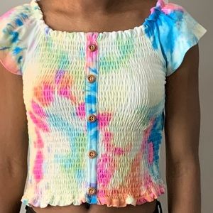 Tie dye, blue, white, yellow, orange, purple, green, 5 wooden buttons